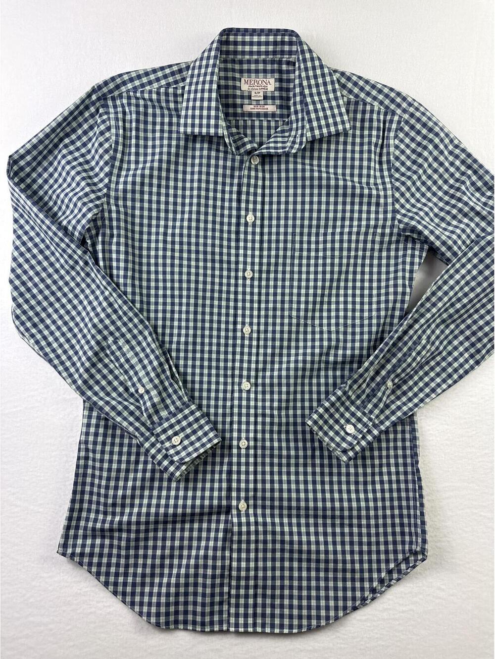 Merona Men's Non-Iron Blue, Green and White Checkered Dress Shirt Size S/P